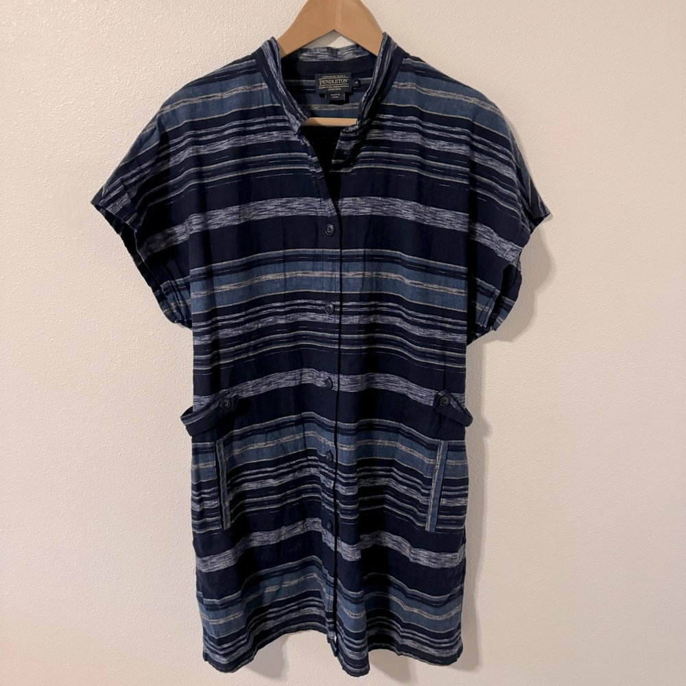 Pendleton Linen Shirt Dress Blue Stripe Adjustable Button Tab Waist Pockets-M